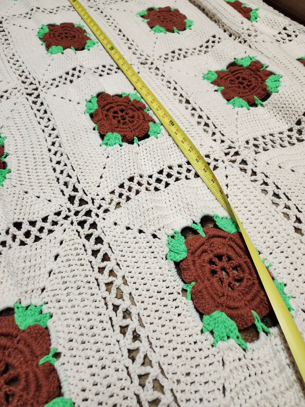 Handmade Cream Crochet Throw with Brown Rose Accents
